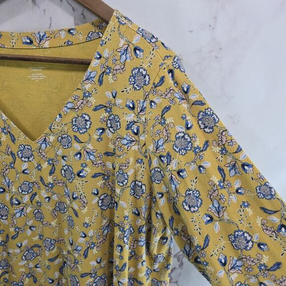 J Jill Shirt Women XL Yellow Blue Floral Printed V Neck Pure Modal Long Tee T - Picture 9 of 10